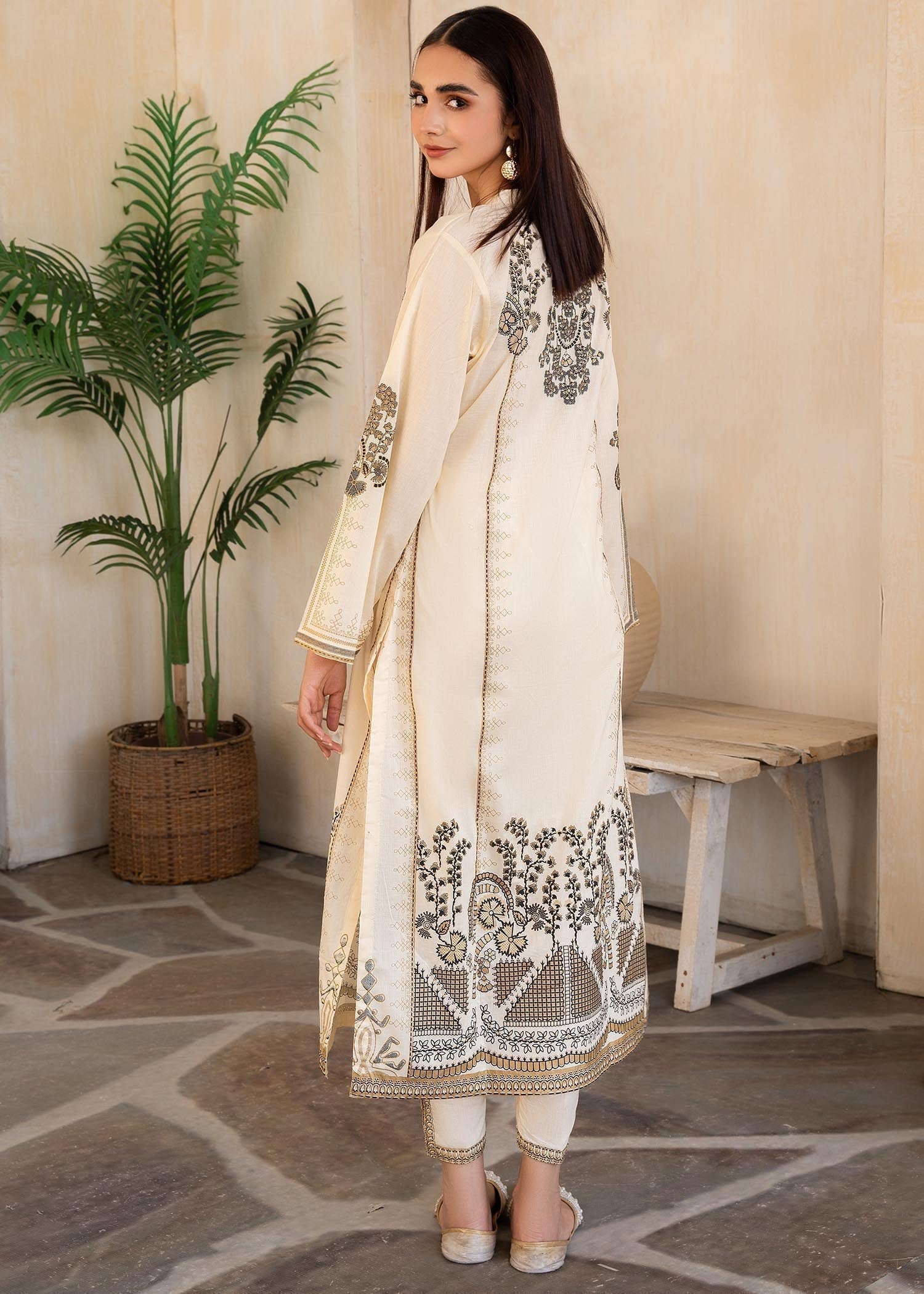 Printed Lawn Long Kurta 2-Piece Suit – Cream, Summer Wear