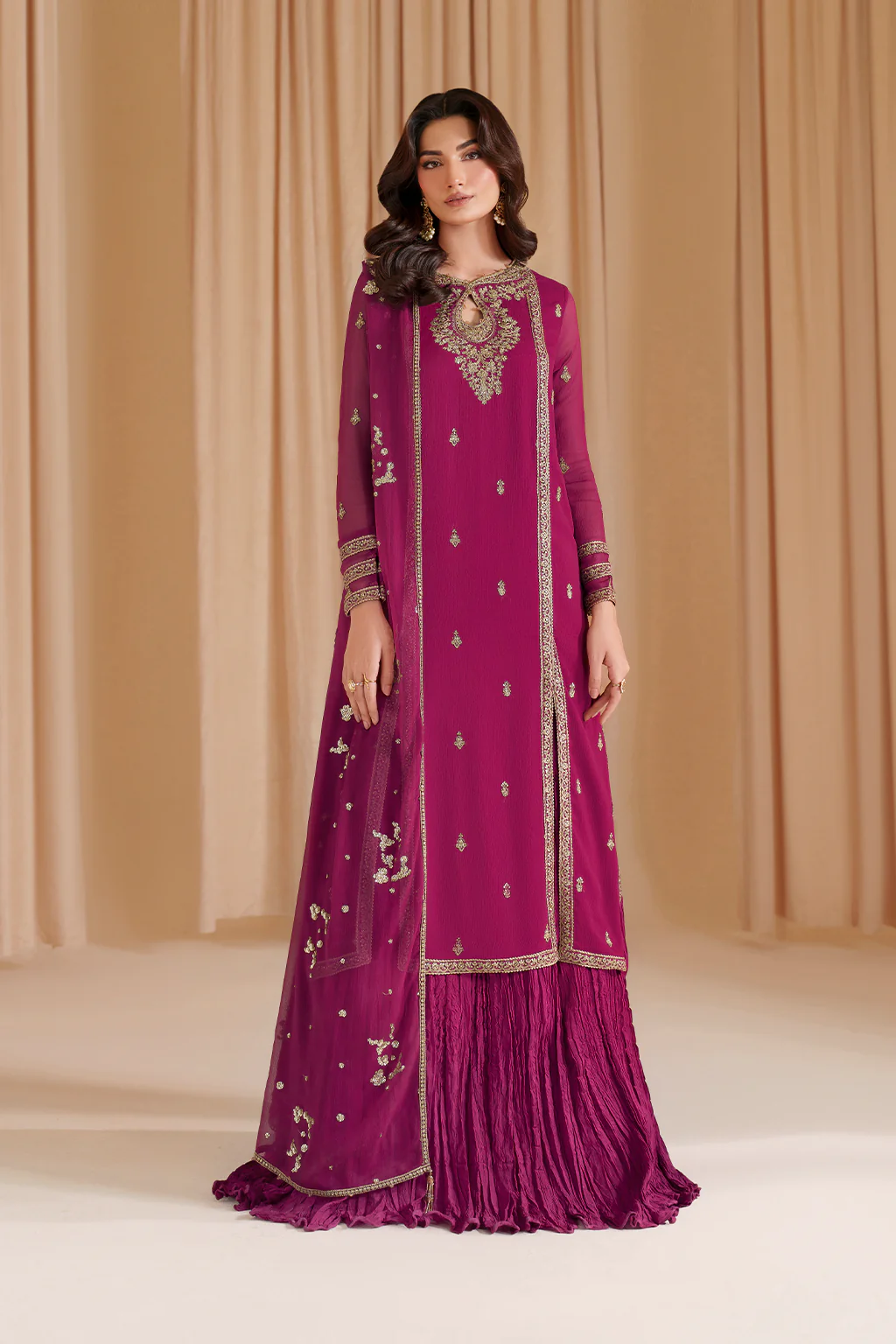 Luxury Chiffon Embroidered 3 PCS Collection Fuchsia Pink - NY1101