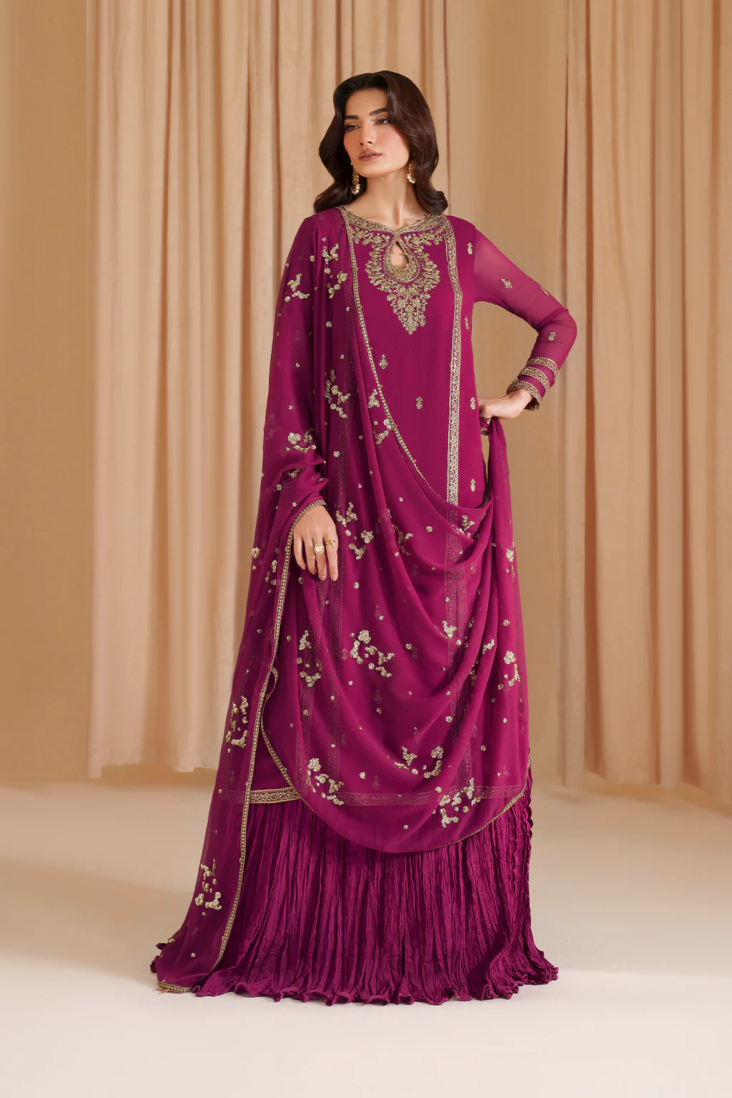 Luxury Chiffon Embroidered 3 PCS Collection Fuchsia Pink - NY1101