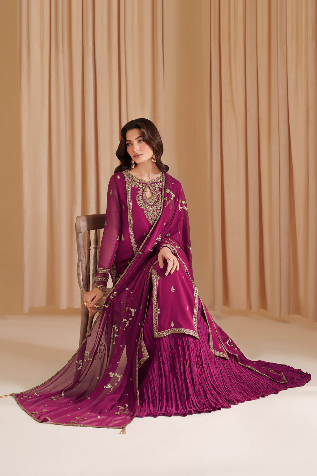 Luxury Chiffon Embroidered 3 PCS Collection Fuchsia Pink - NY1101