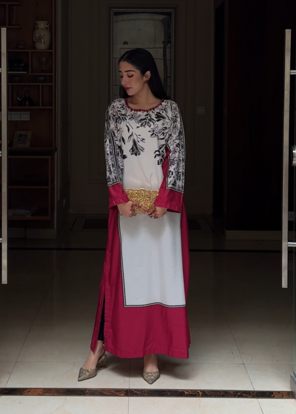 Printed Silk Kaftan – Red & White Floral, All Season