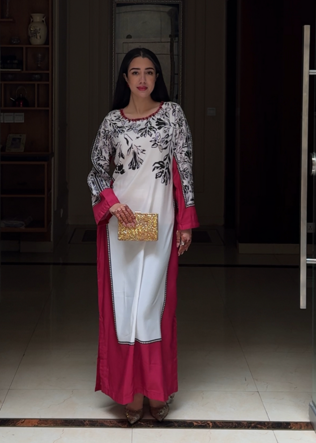 Printed Silk Kaftan – Red & White Floral, All Season