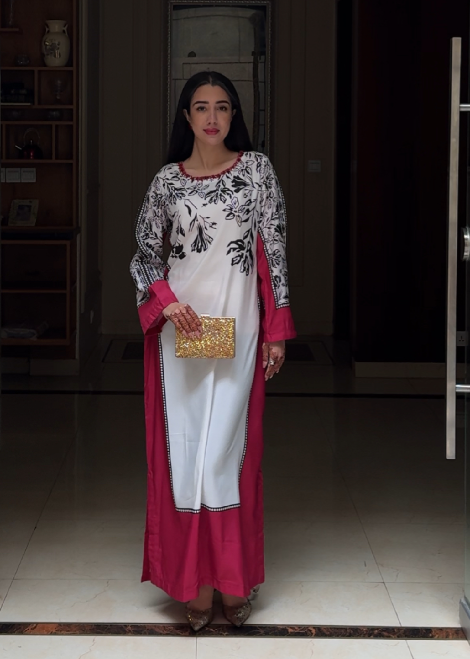 Printed Silk Kaftan – Red & White Floral, All Season