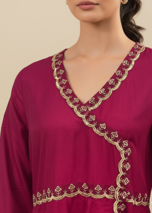 Embroidered Flared Pishwas Linen Suit – Red, Winter Wear