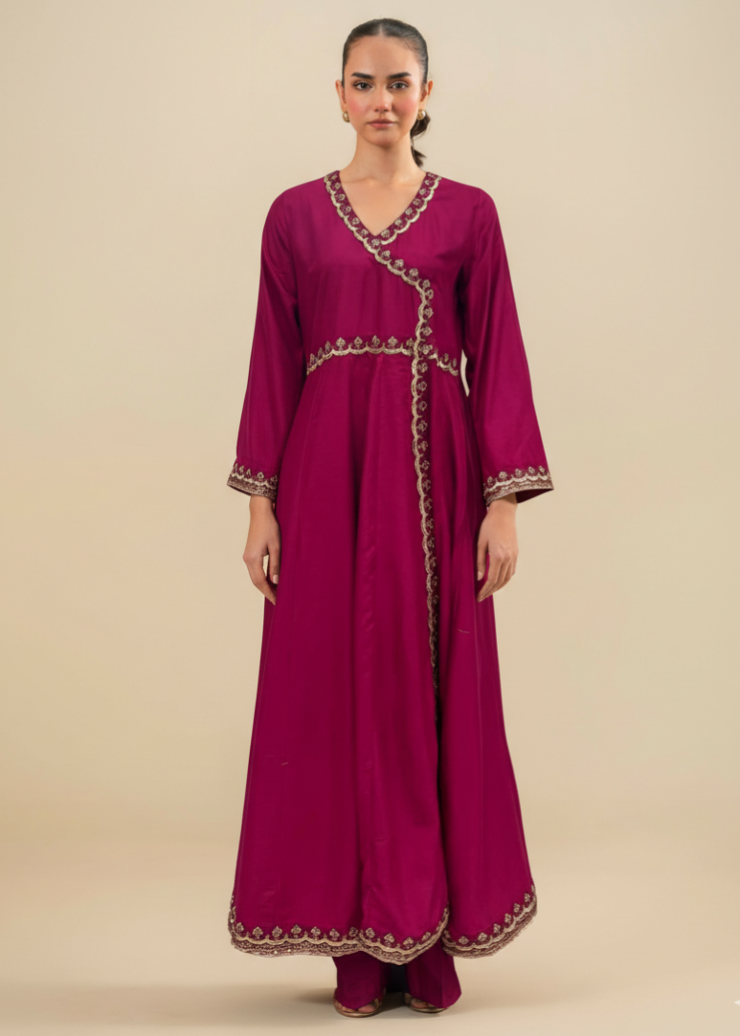 Embroidered Flared Pishwas Linen Suit – Red, Winter Wear