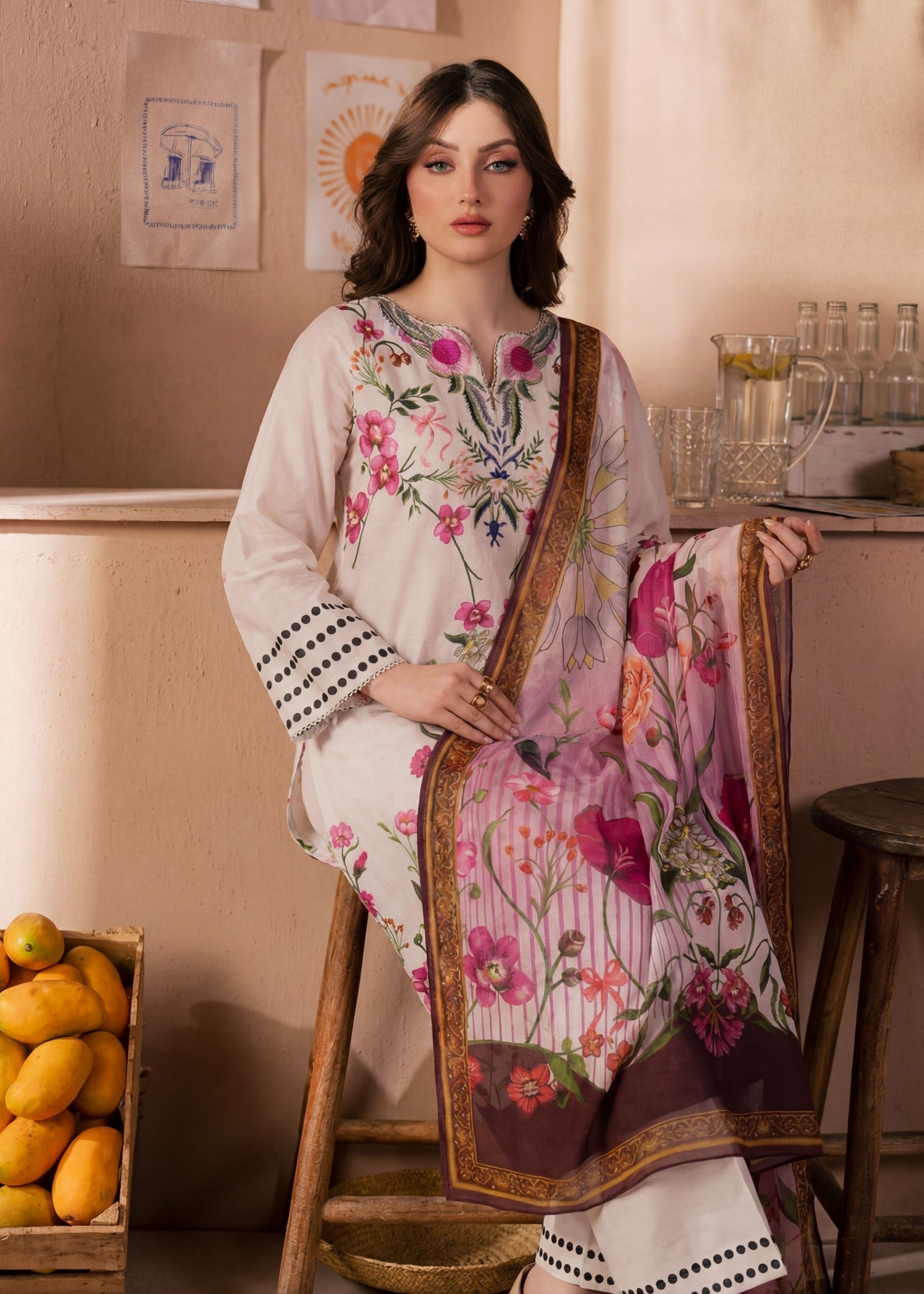 Printed Textured Lawn Palazzo Suit – Voile Dupatta, Summer Wear