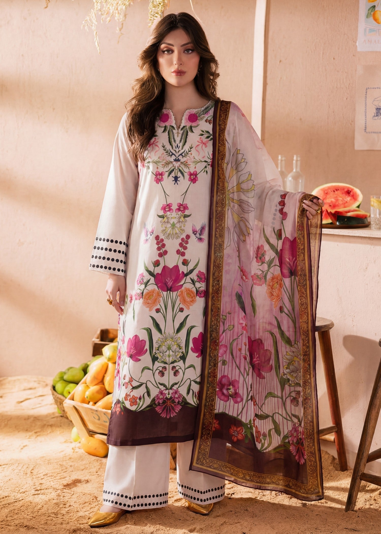 Printed Textured Lawn Palazzo Suit – Voile Dupatta, Summer Wear
