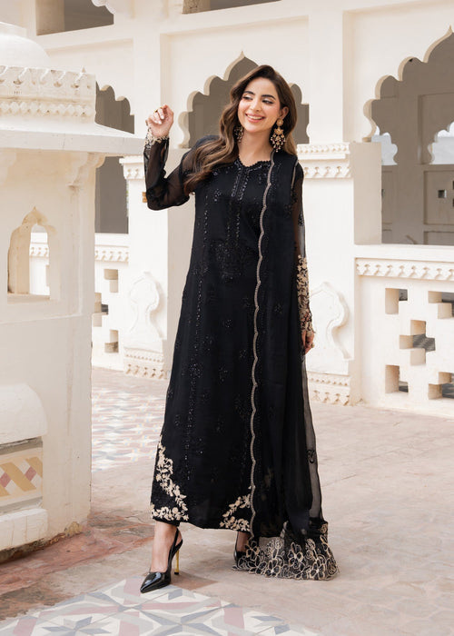 Embroidered Chiffon Straight Kurta 3-Piece Suit – Black