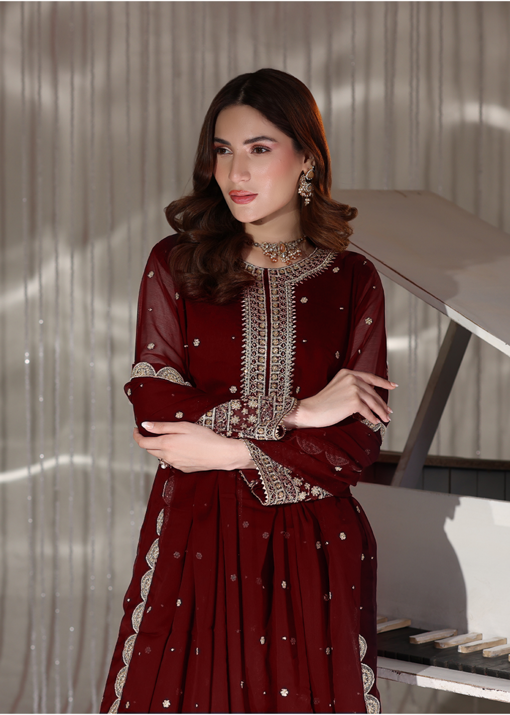 Embroidered PK Chiffon Long Shirt Lehenga Suit – Maroon