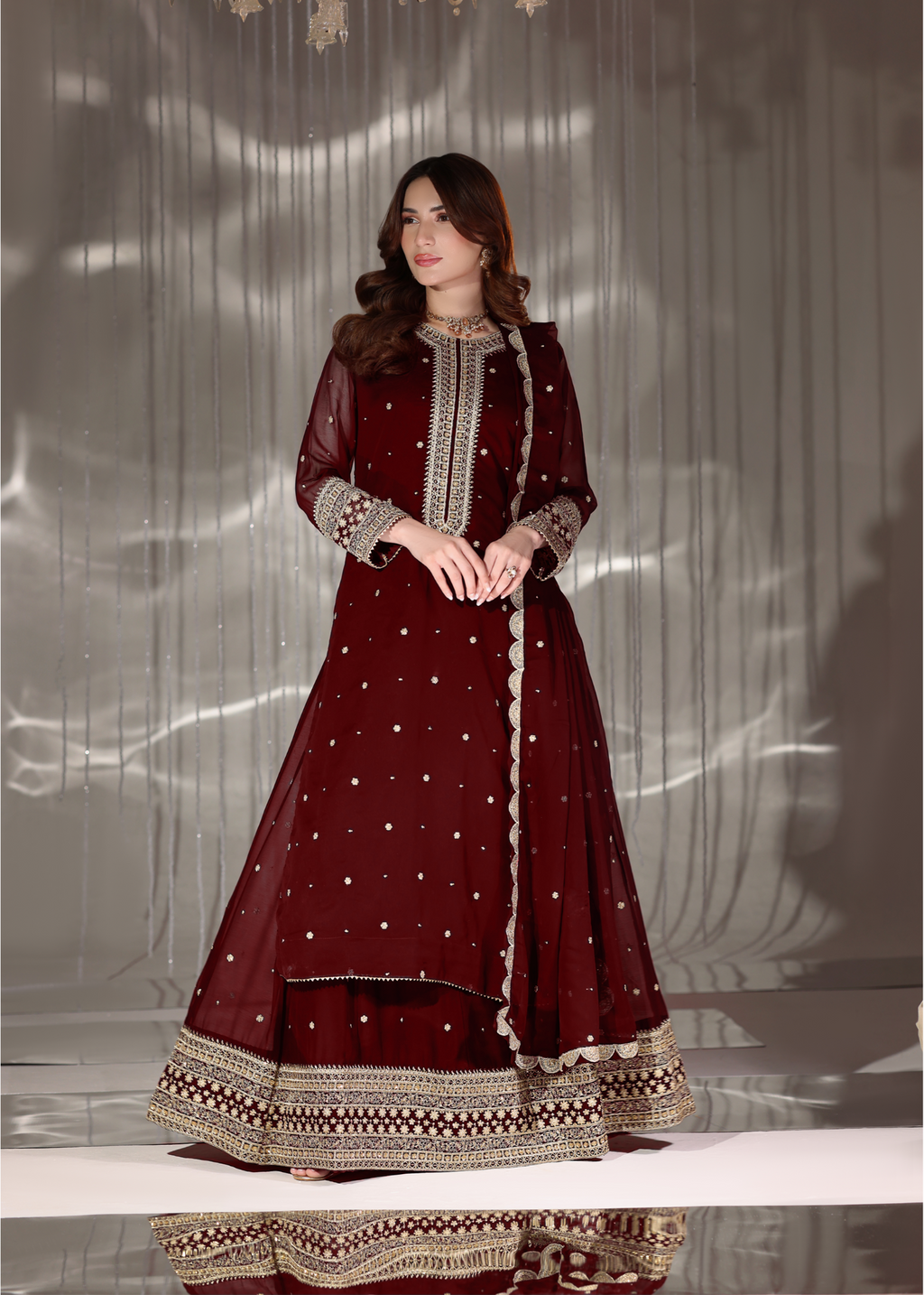 Embroidered PK Chiffon Long Shirt Lehenga Suit – Maroon
