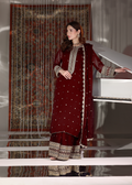 Embroidered PK Chiffon Long Shirt Lehenga Suit – Maroon