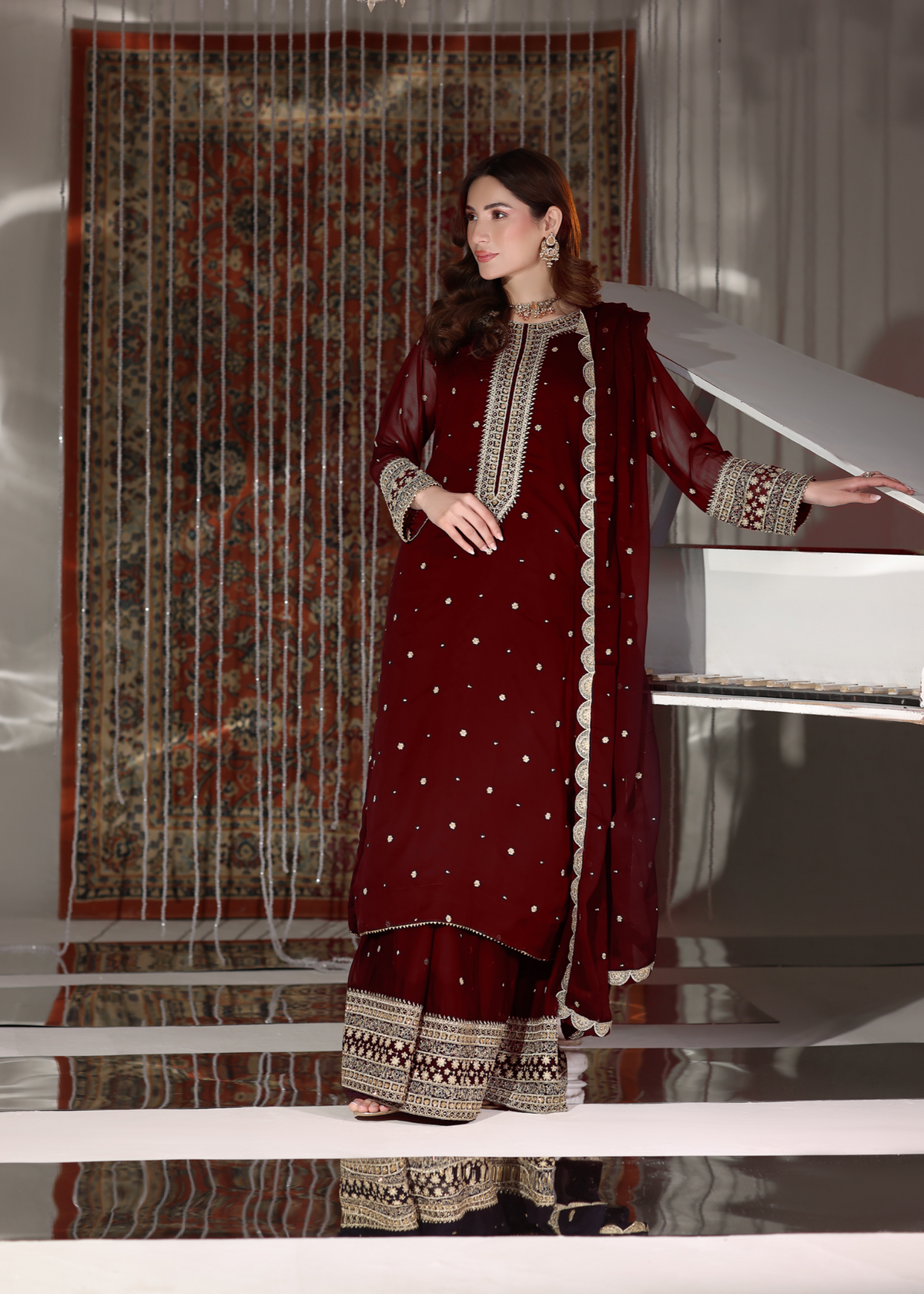 Embroidered PK Chiffon Long Shirt Lehenga Suit – Maroon