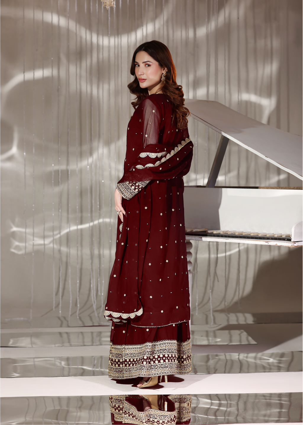 Embroidered PK Chiffon Long Shirt Lehenga Suit – Maroon