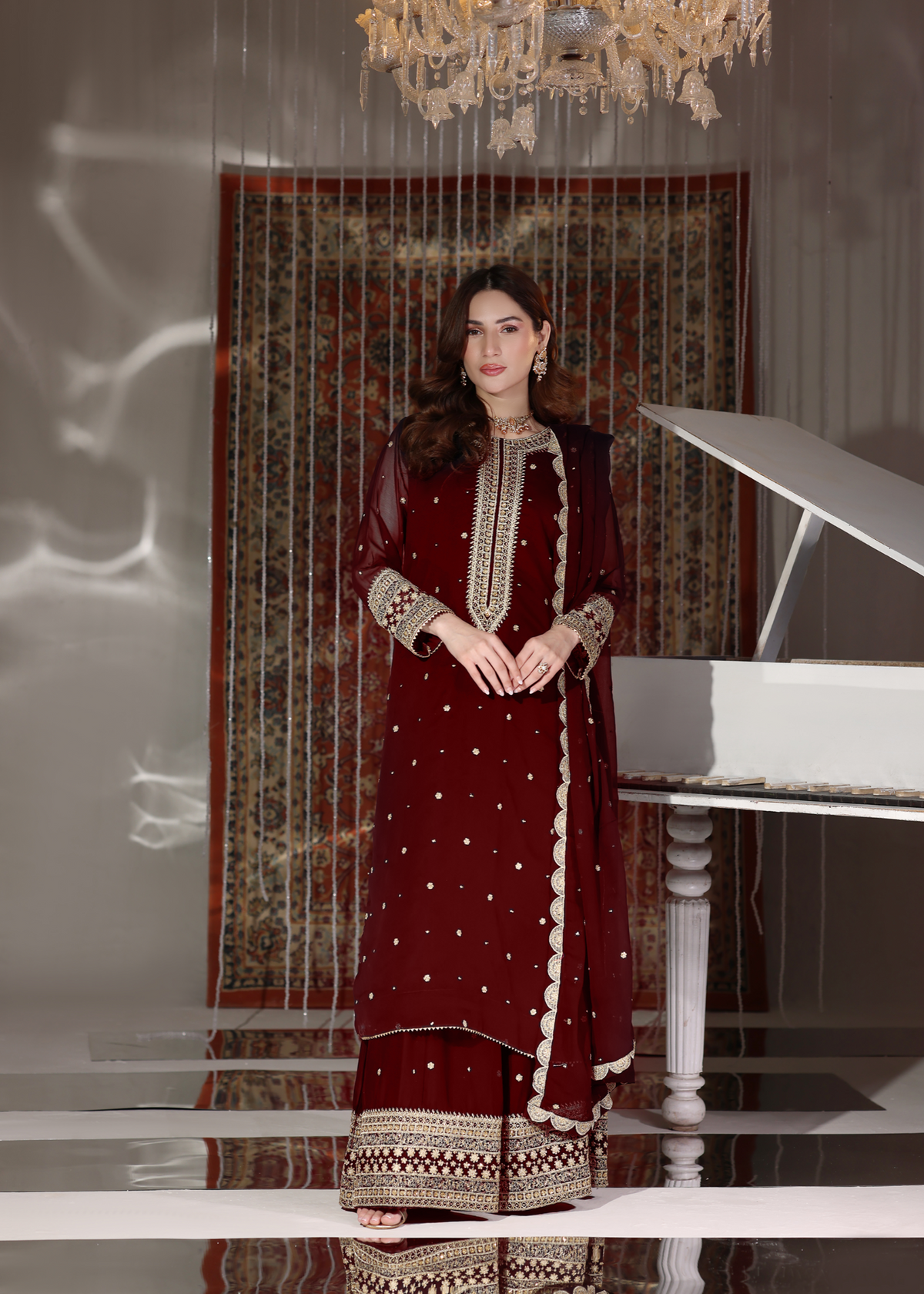 Embroidered PK Chiffon Long Shirt Lehenga Suit – Maroon