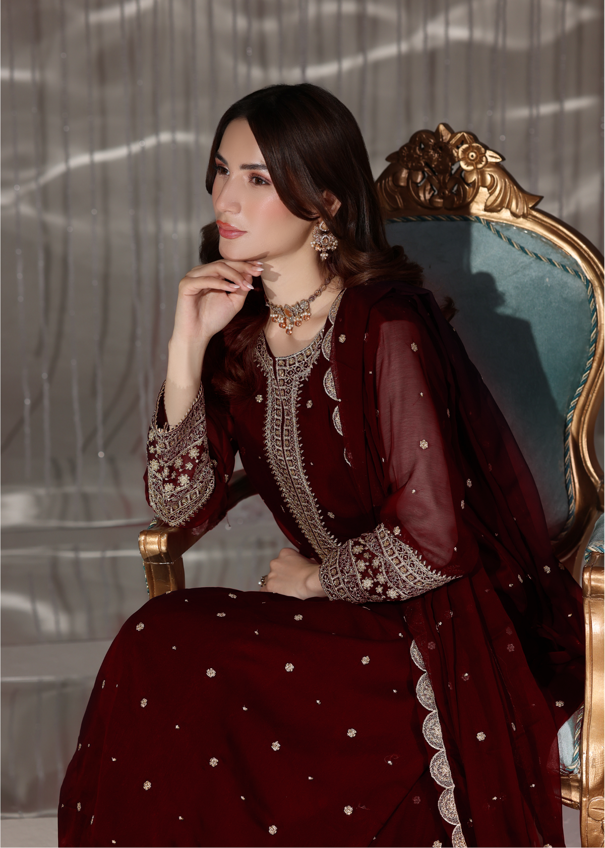 Embroidered PK Chiffon Long Shirt Lehenga Suit – Maroon