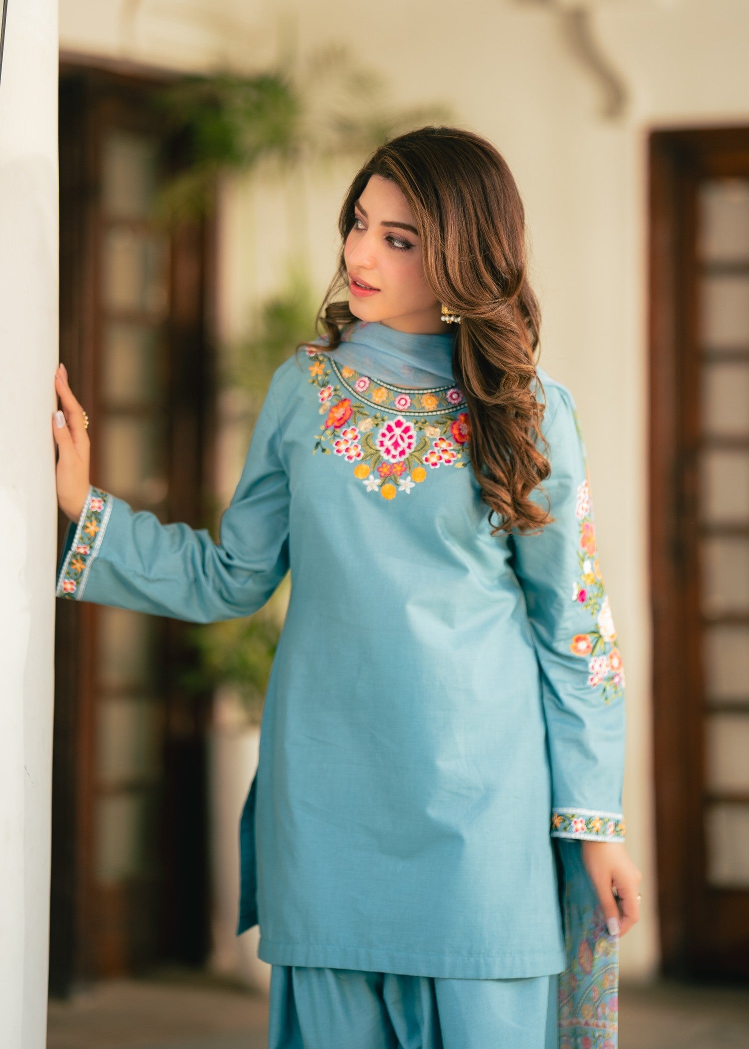 Embroidered Lawn Farshi Shalwar Suit – Sky Blue, Voile Dupatta