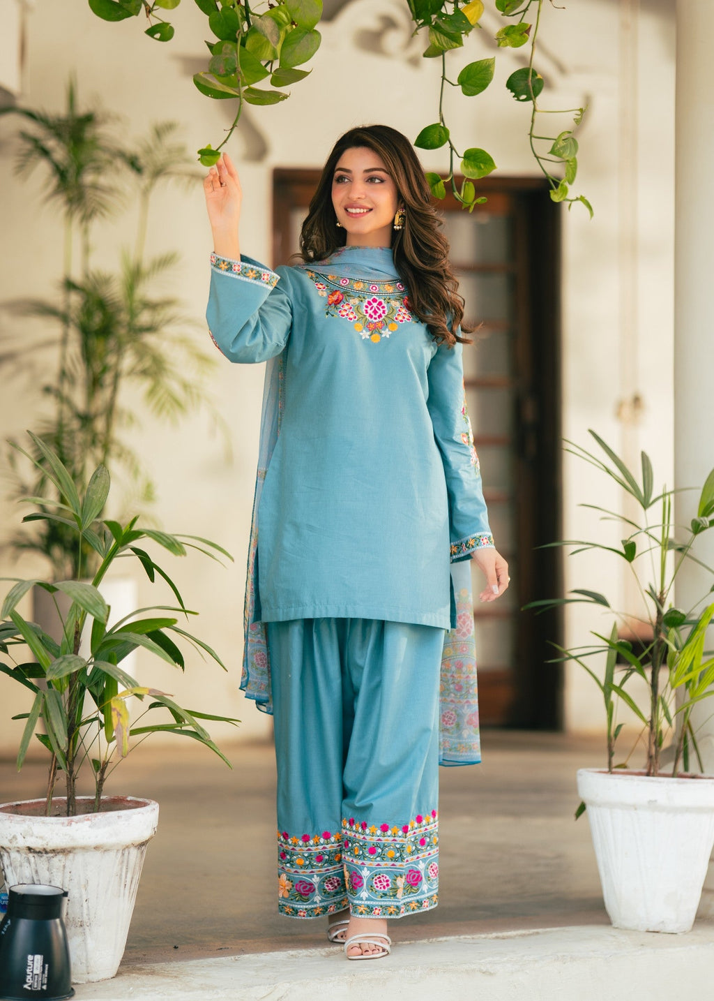 Embroidered Lawn Farshi Shalwar Suit – Sky Blue, Voile Dupatta