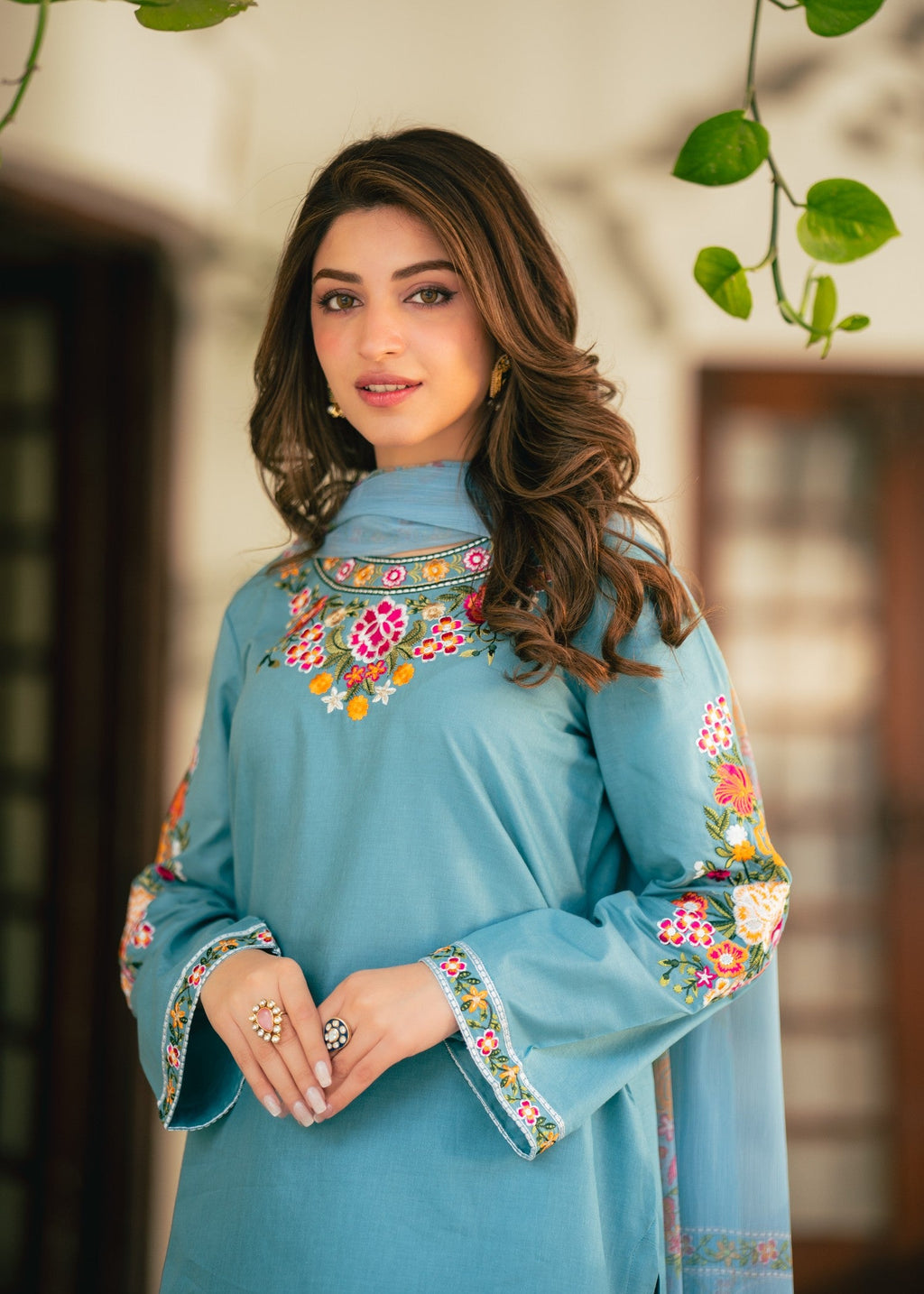 Embroidered Lawn Farshi Shalwar Suit – Sky Blue, Voile Dupatta