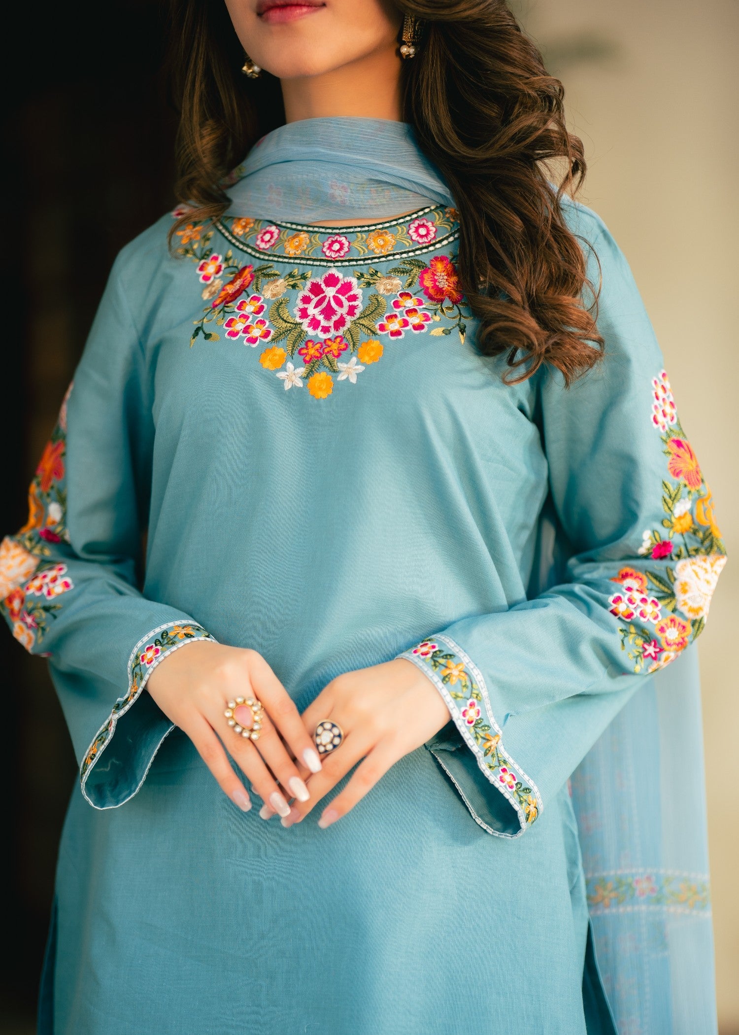 Embroidered Lawn Farshi Shalwar Suit – Sky Blue, Voile Dupatta
