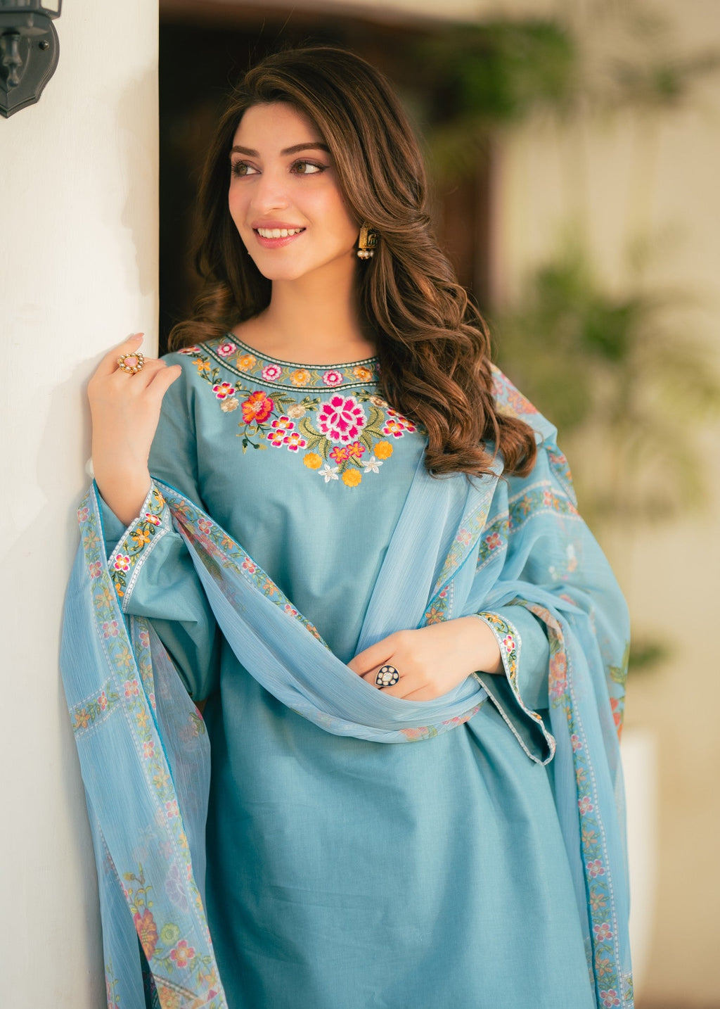 Embroidered Lawn Farshi Shalwar Suit – Sky Blue, Voile Dupatta