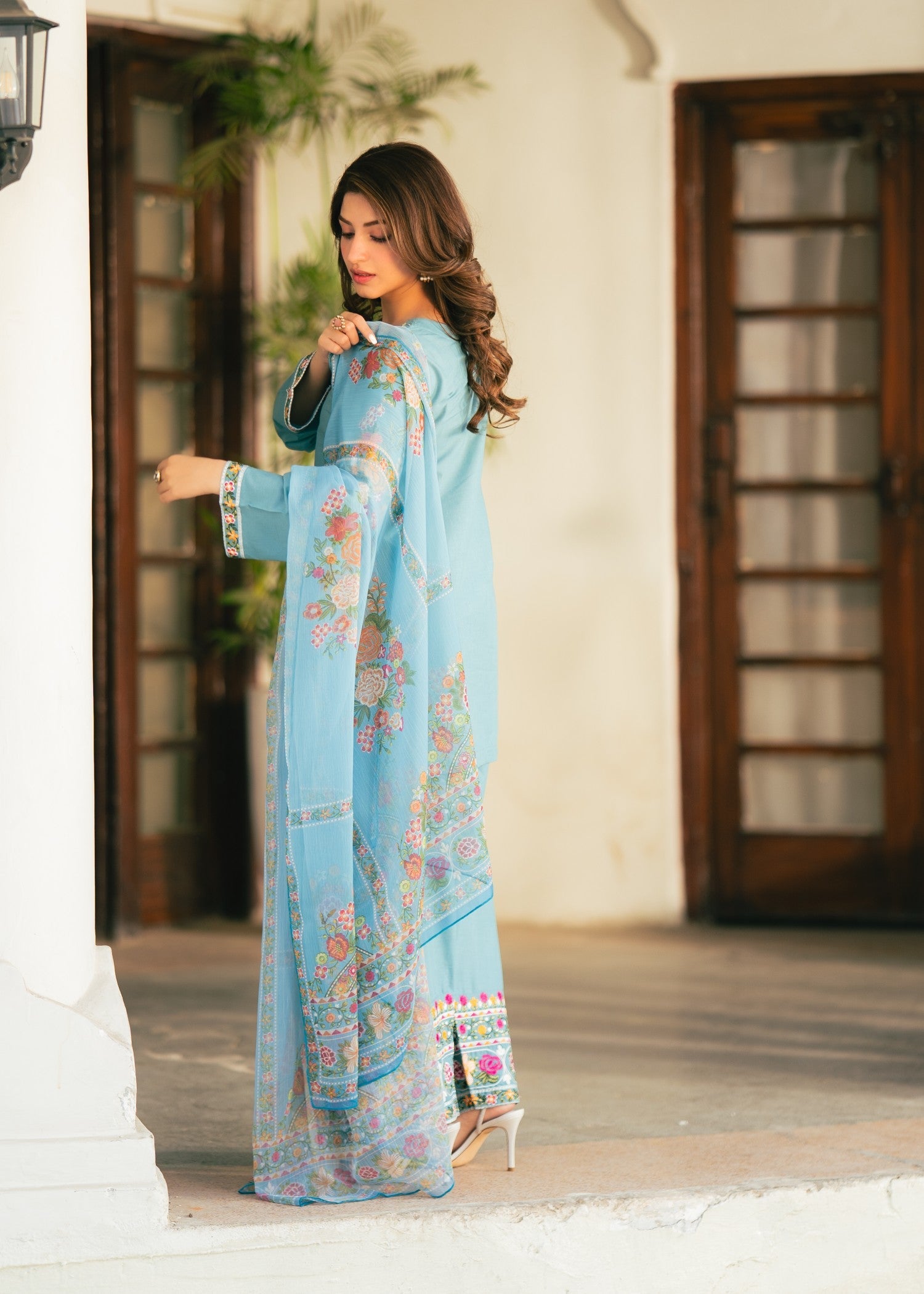 Embroidered Lawn Farshi Shalwar Suit – Sky Blue, Voile Dupatta