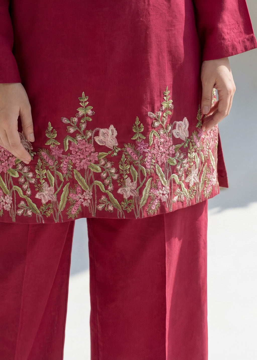 Embroidered Textured Lawn Palazzo Suit – Crimson, Summer Wear