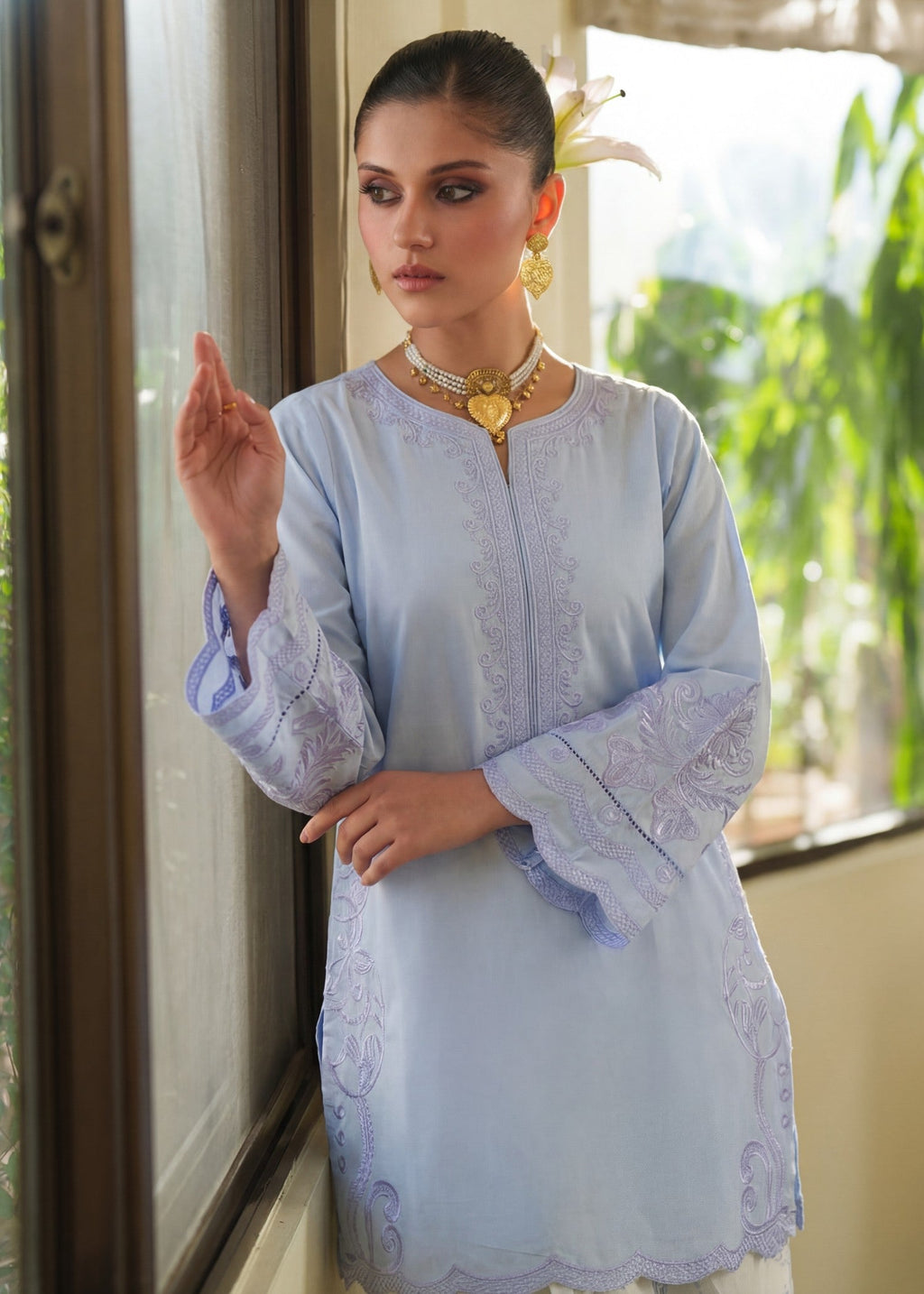 Embroidered Lawn 3-Piece Suit – Blue, Voile Dupatta