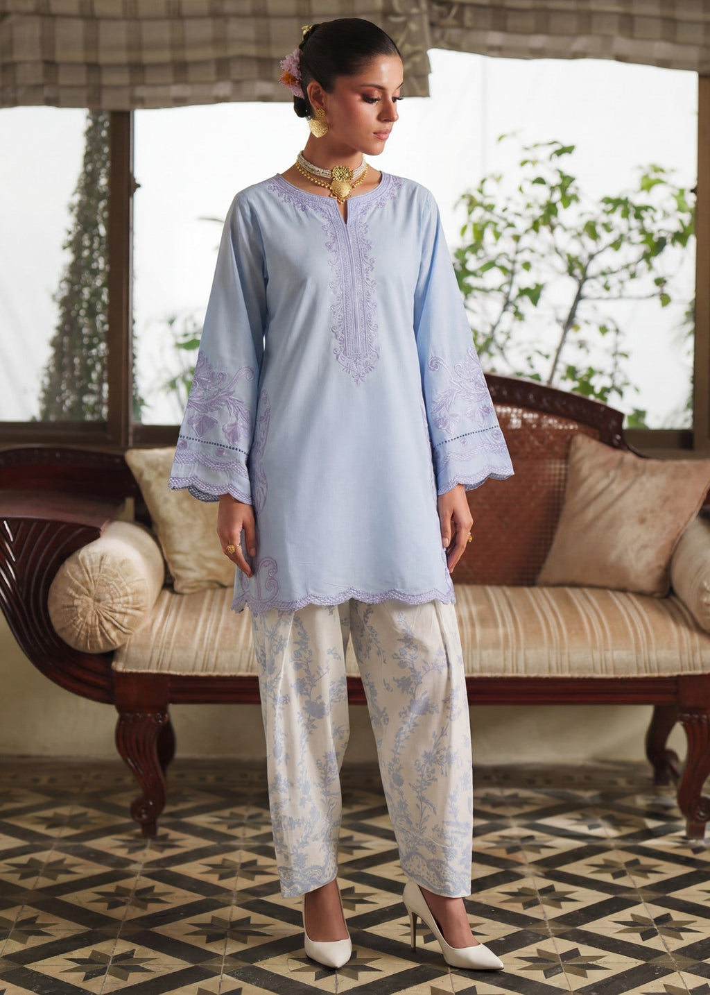 Embroidered Lawn 3-Piece Suit – Blue, Voile Dupatta