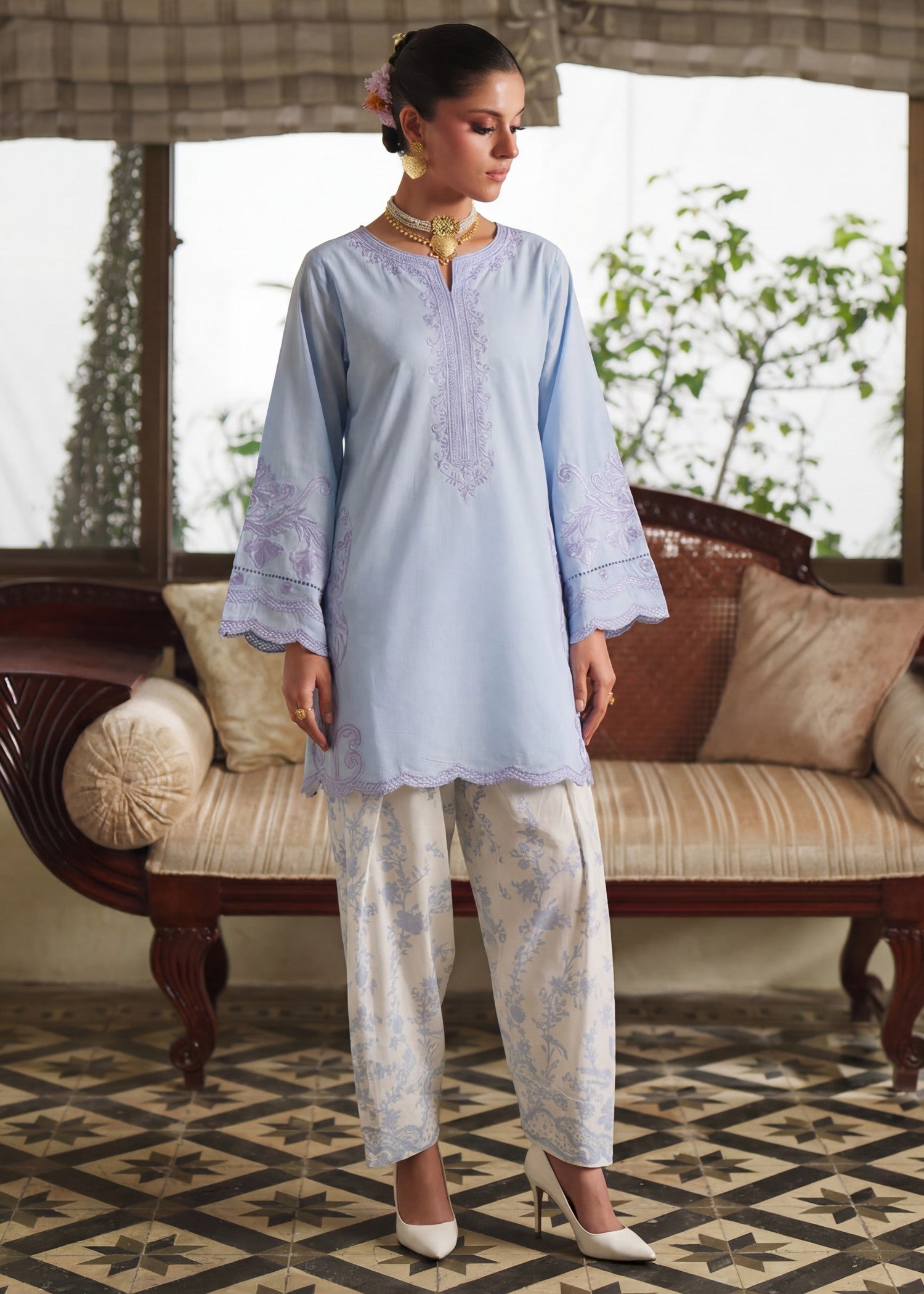 Embroidered Lawn 3-Piece Suit – Blue, Voile Dupatta