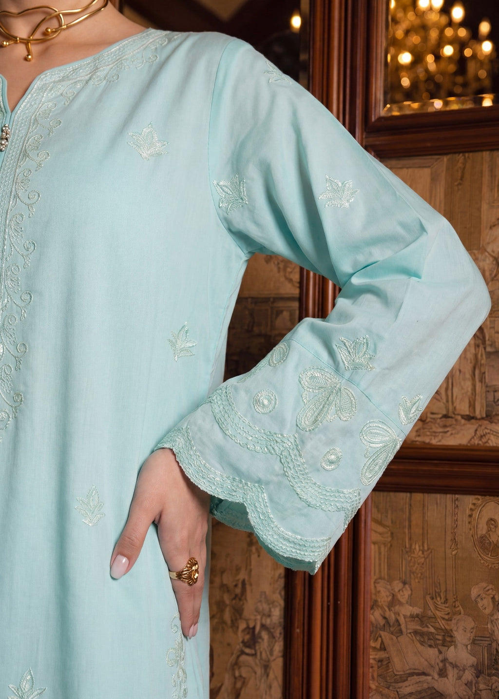 Embroidered Lawn 3-Piece Suit – Cyan, Voile Dupatta