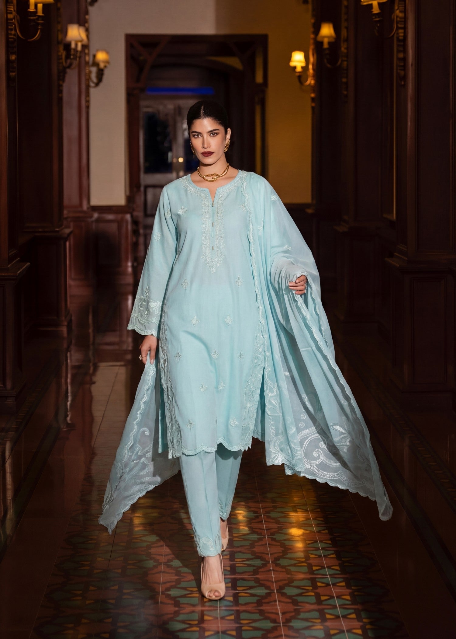 Embroidered Lawn 3-Piece Suit – Cyan, Voile Dupatta