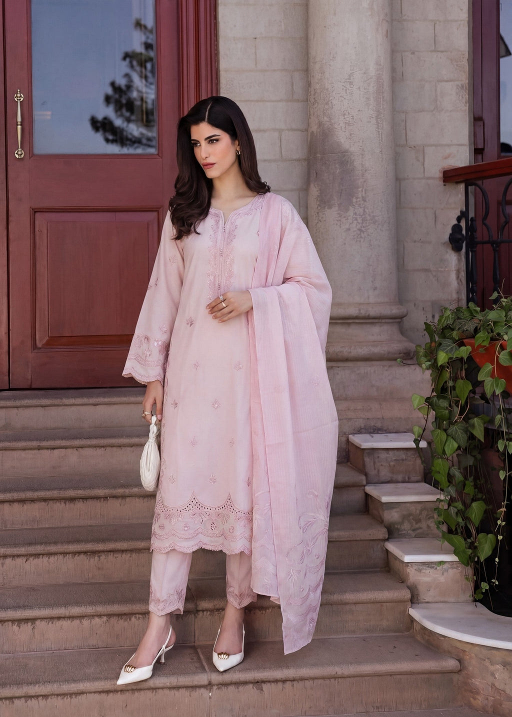 Embroidered Lawn 3-Piece Suit – Pink, Voile Dupatta