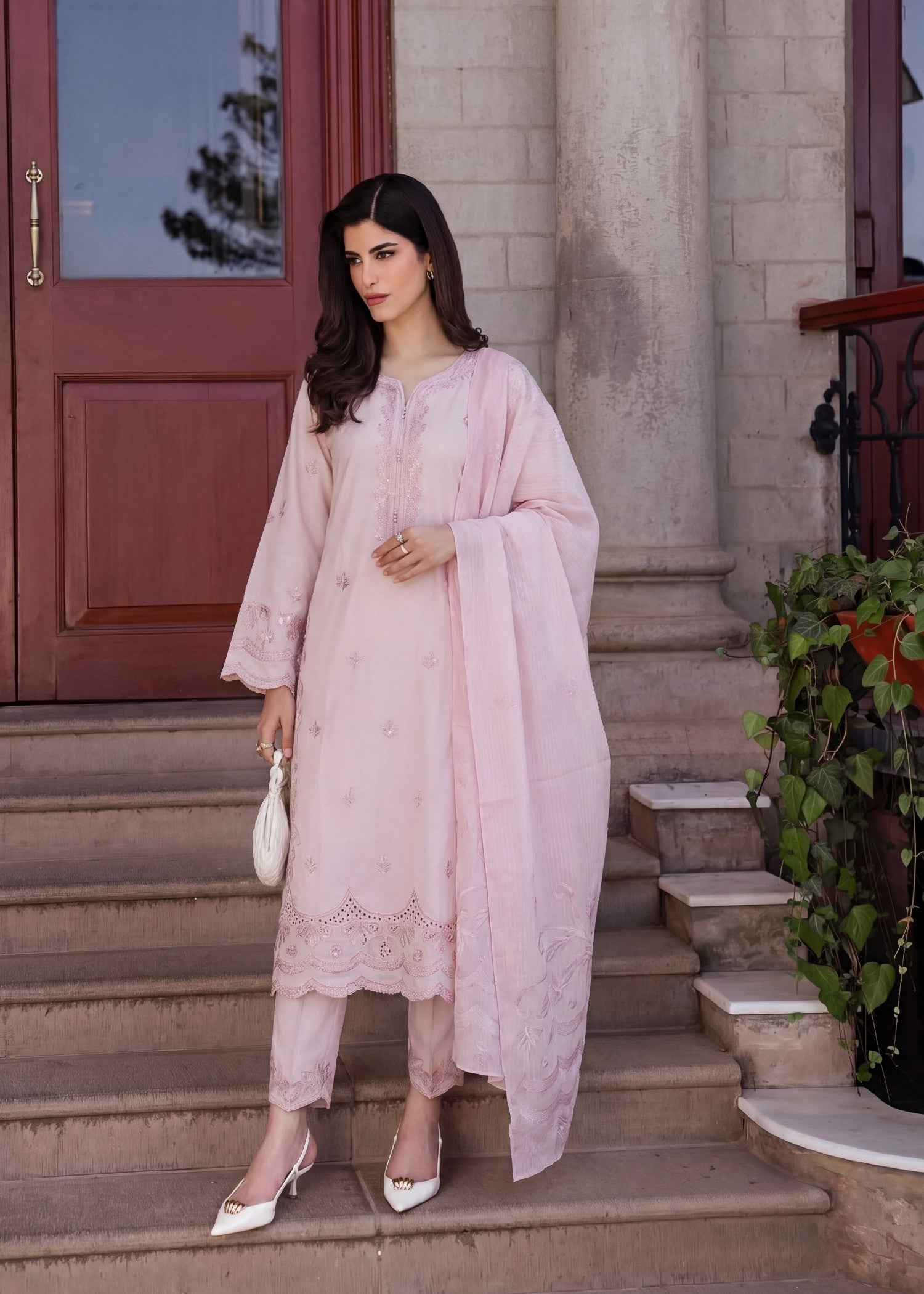 Embroidered Lawn 3-Piece Suit – Pink, Voile Dupatta