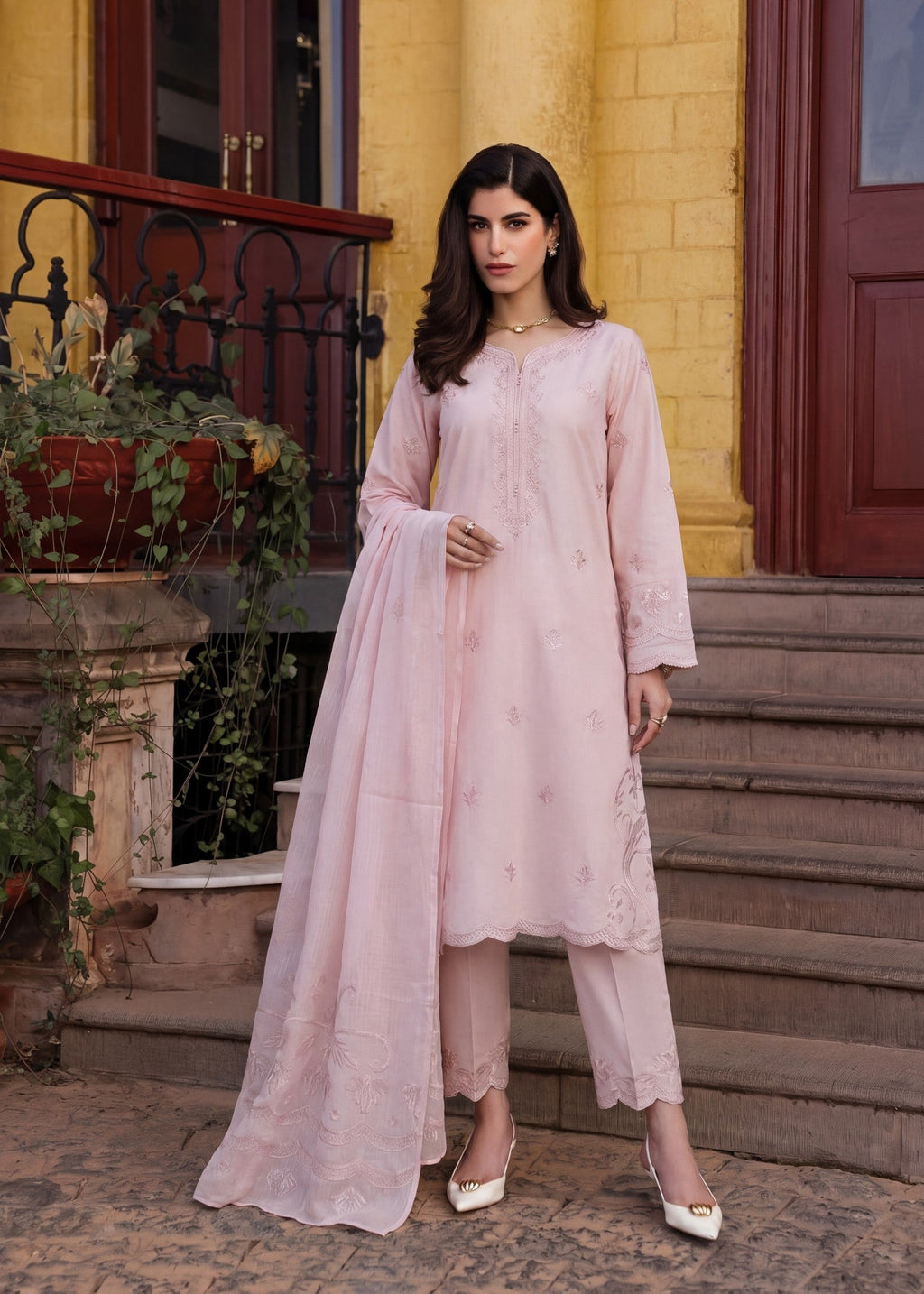Embroidered Lawn 3-Piece Suit – Pink, Voile Dupatta