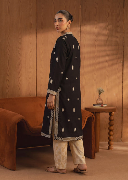 Embroidered Khaddar Shirt, Jacquard Trouser Suit – Black, Winter Wear