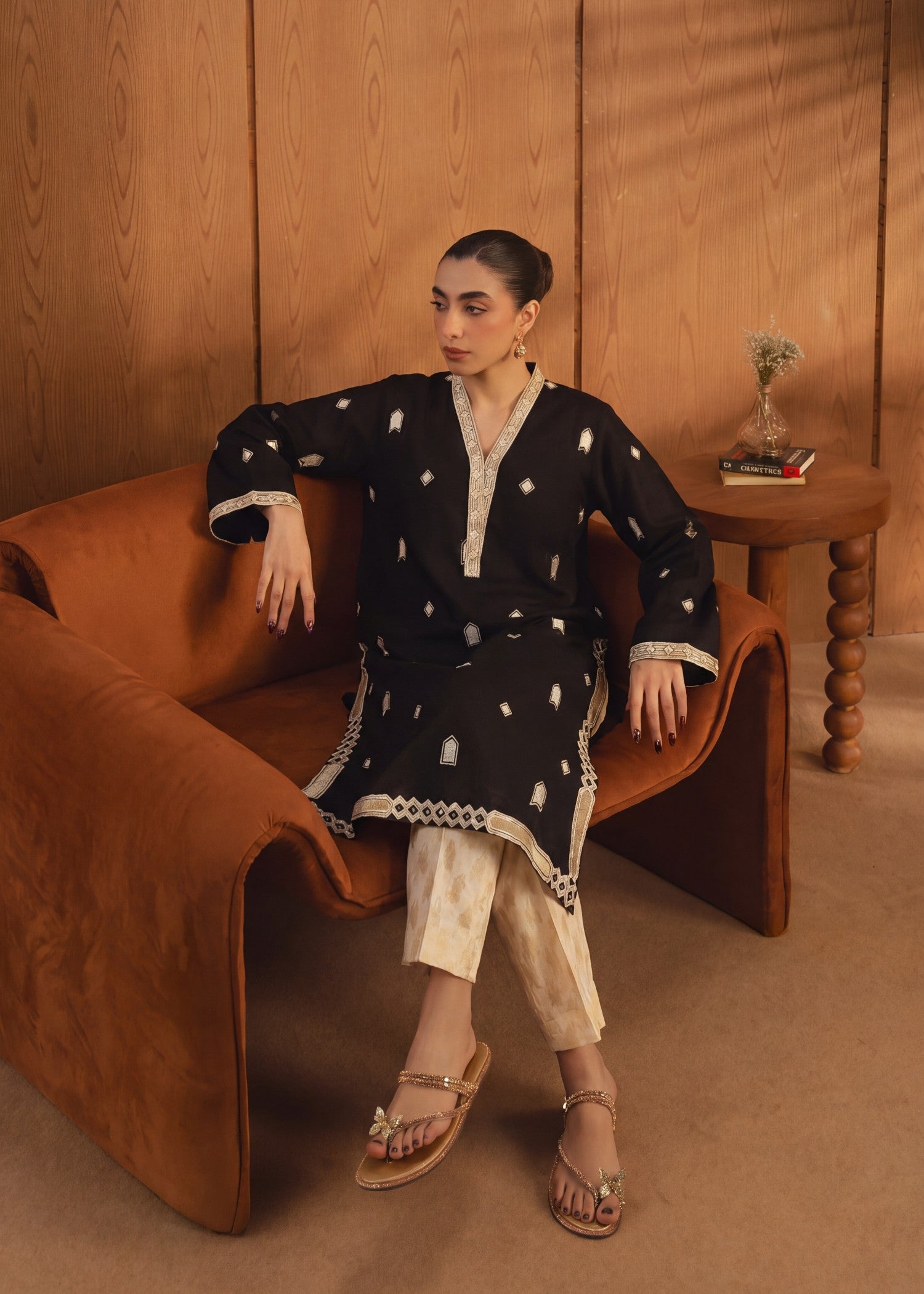 Embroidered Khaddar Shirt, Jacquard Trouser Suit – Black, Winter Wear