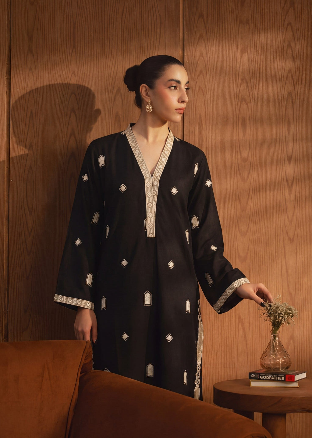 Embroidered Khaddar Shirt, Jacquard Trouser Suit – Black, Winter Wear