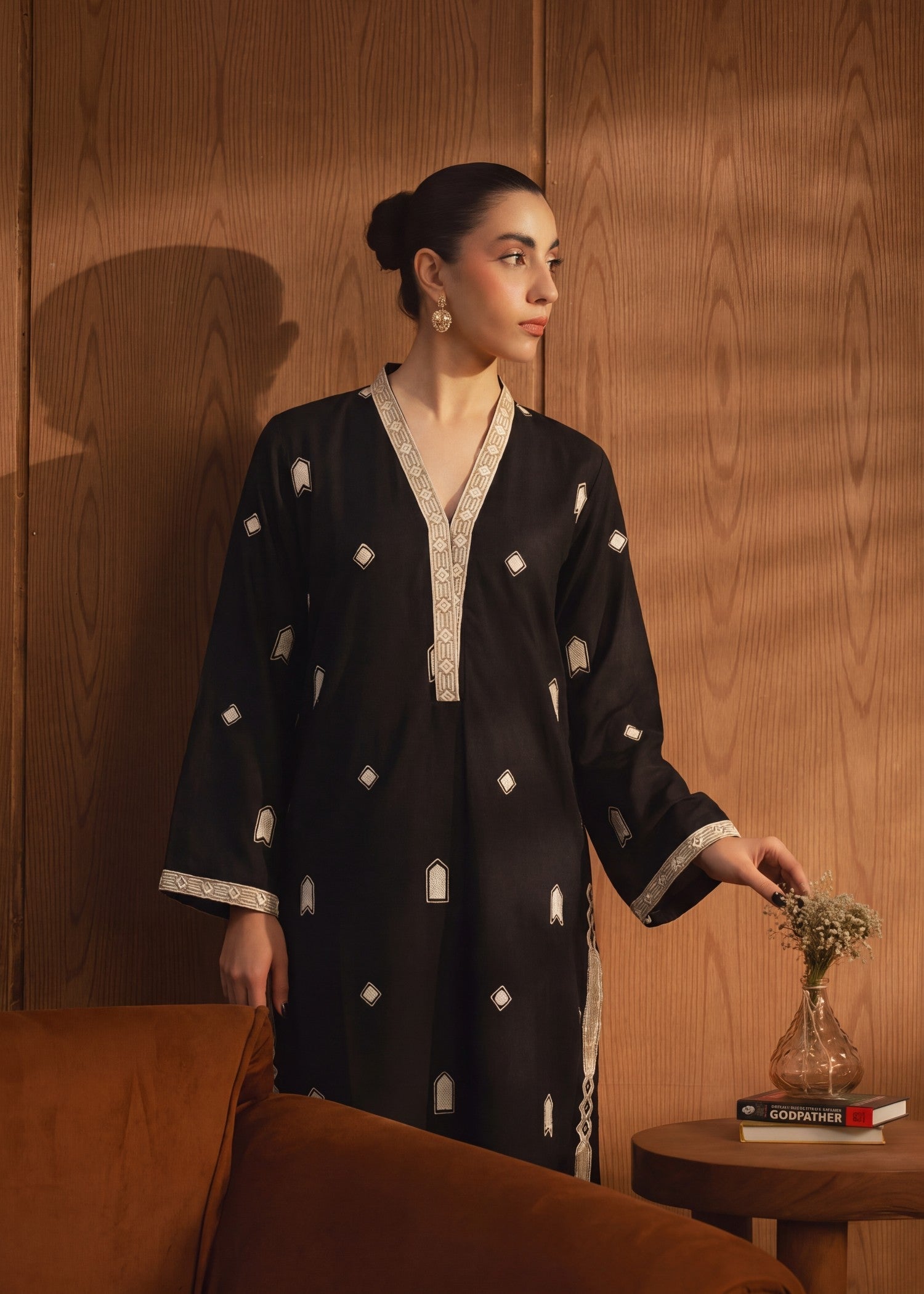 Embroidered Khaddar Shirt, Jacquard Trouser Suit – Black, Winter Wear