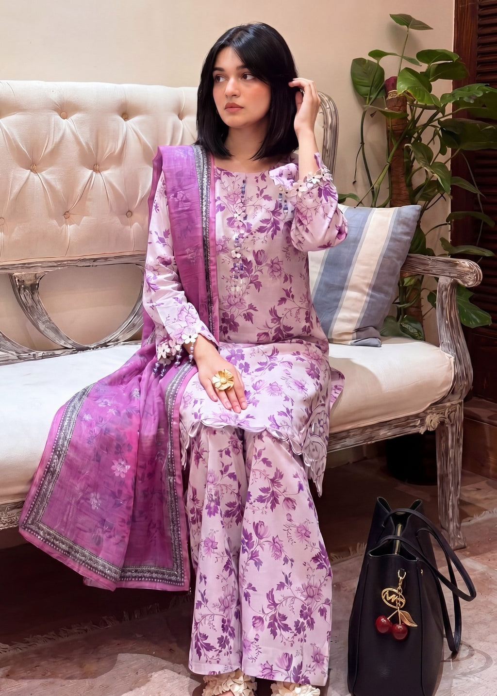 Embroidered Textured Lawn Farshi Shalwar Suit – Purple, Manaar Dupatta
