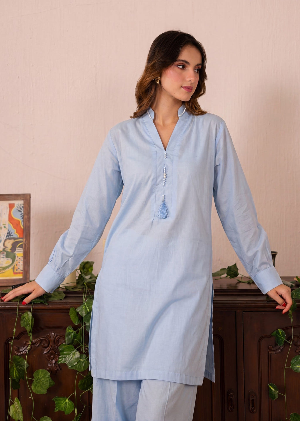 Primary title: Tasseled Lawn Flapper Suit – Sky Blue, Summer Wear