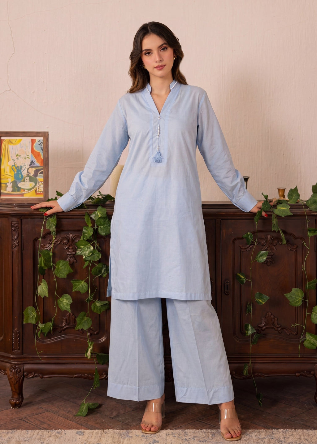 Primary title: Tasseled Lawn Flapper Suit – Sky Blue, Summer Wear