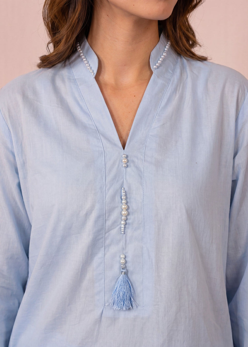 Primary title: Tasseled Lawn Flapper Suit – Sky Blue, Summer Wear