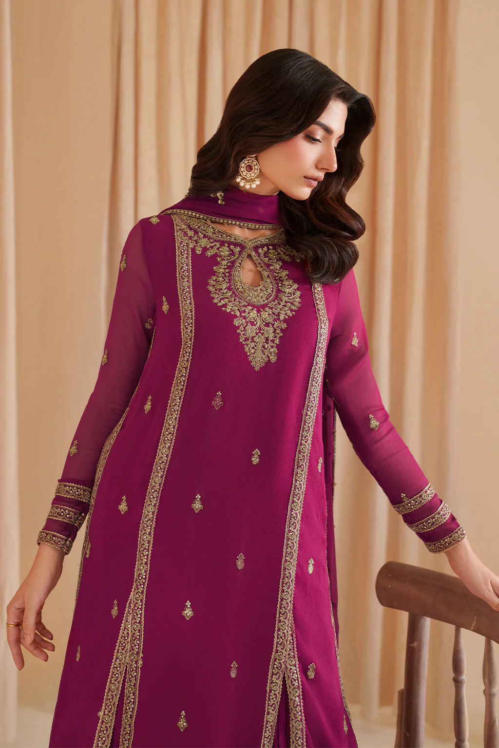 Luxury Chiffon Embroidered 3 PCS Collection Fuchsia Pink - NY1101