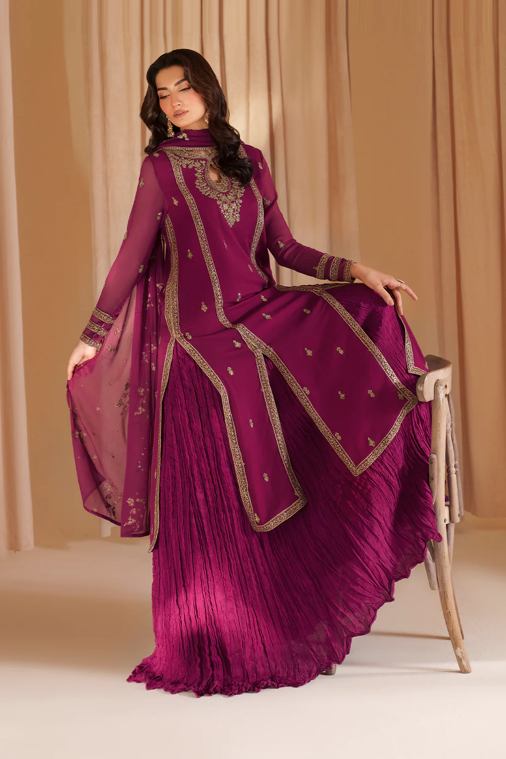 Luxury Chiffon Embroidered 3 PCS Collection Fuchsia Pink - NY1101