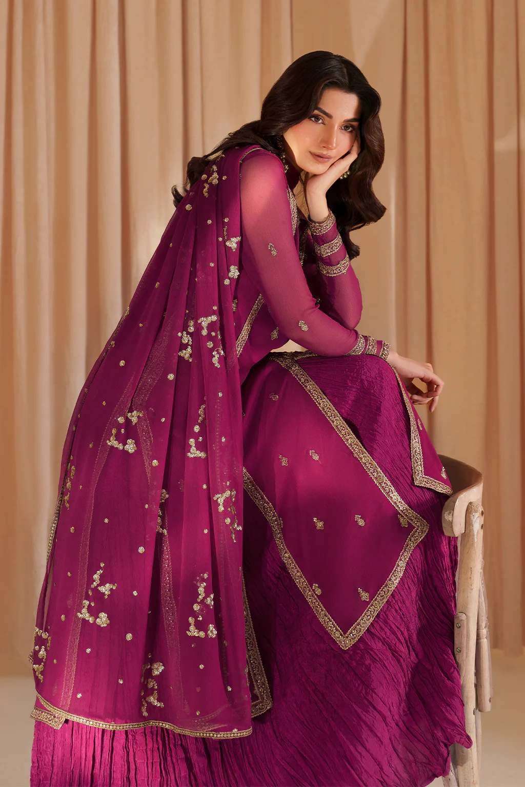Luxury Chiffon Embroidered 3 PCS Collection Fuchsia Pink - NY1101
