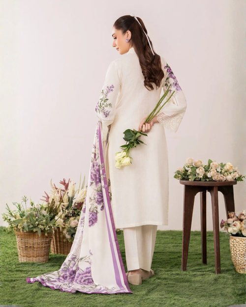 Embroidered Lawn 3-Piece Suit – White with Manaar Dupatta, Summer Daily Wear