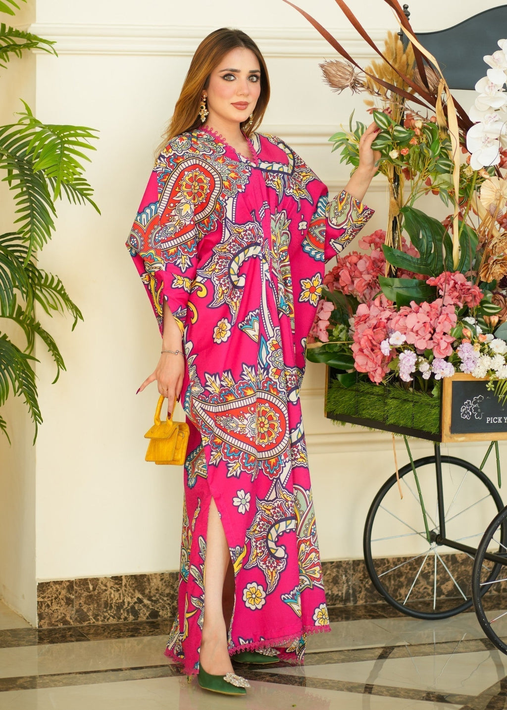 Printed Textured Lawn Long Kaftan – Hot Pink, Festive Wear