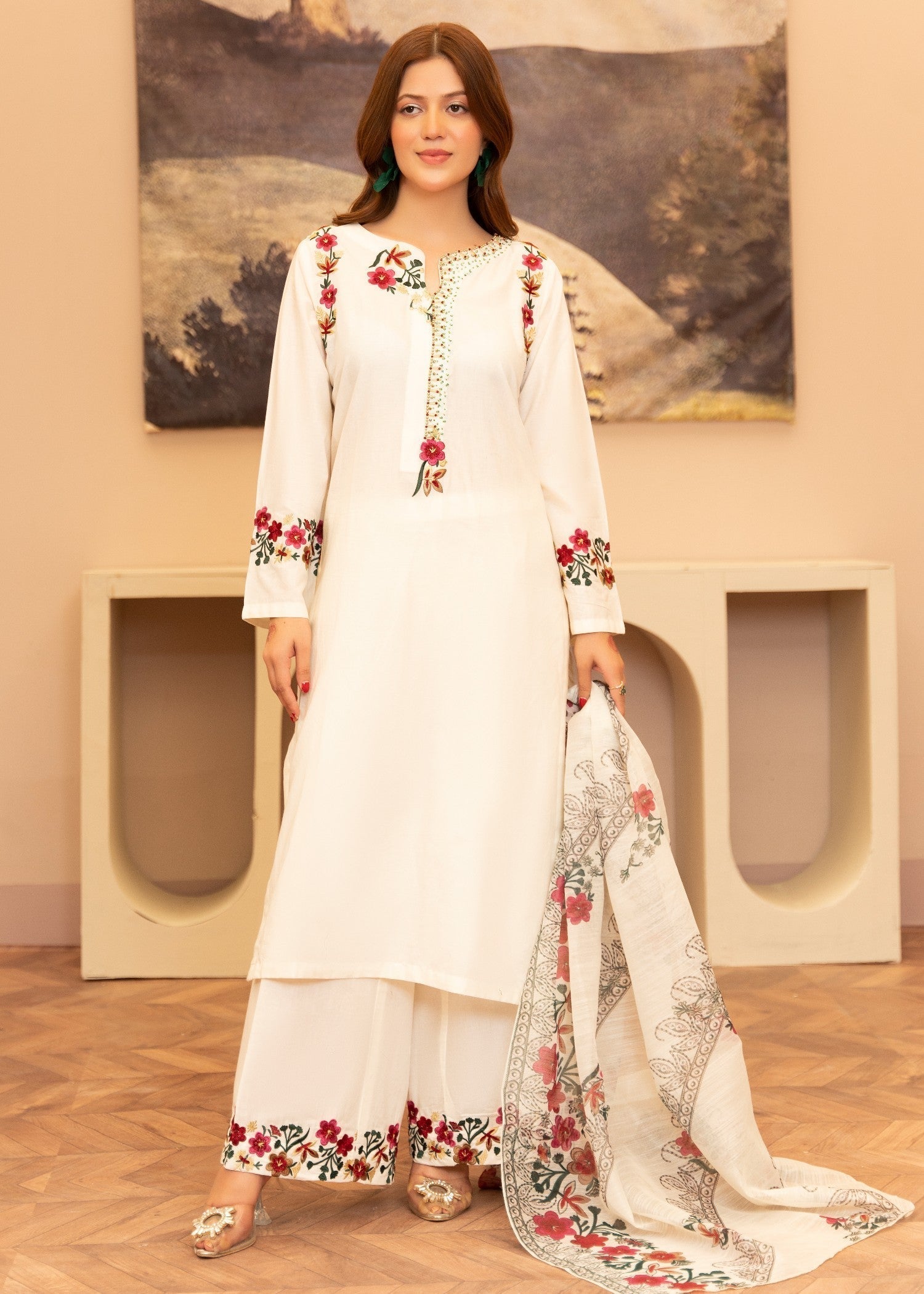 Embroidered Lawn Long Kurta 3-Piece Suit – Ivory with Manaar Dupatta, Summer Wear