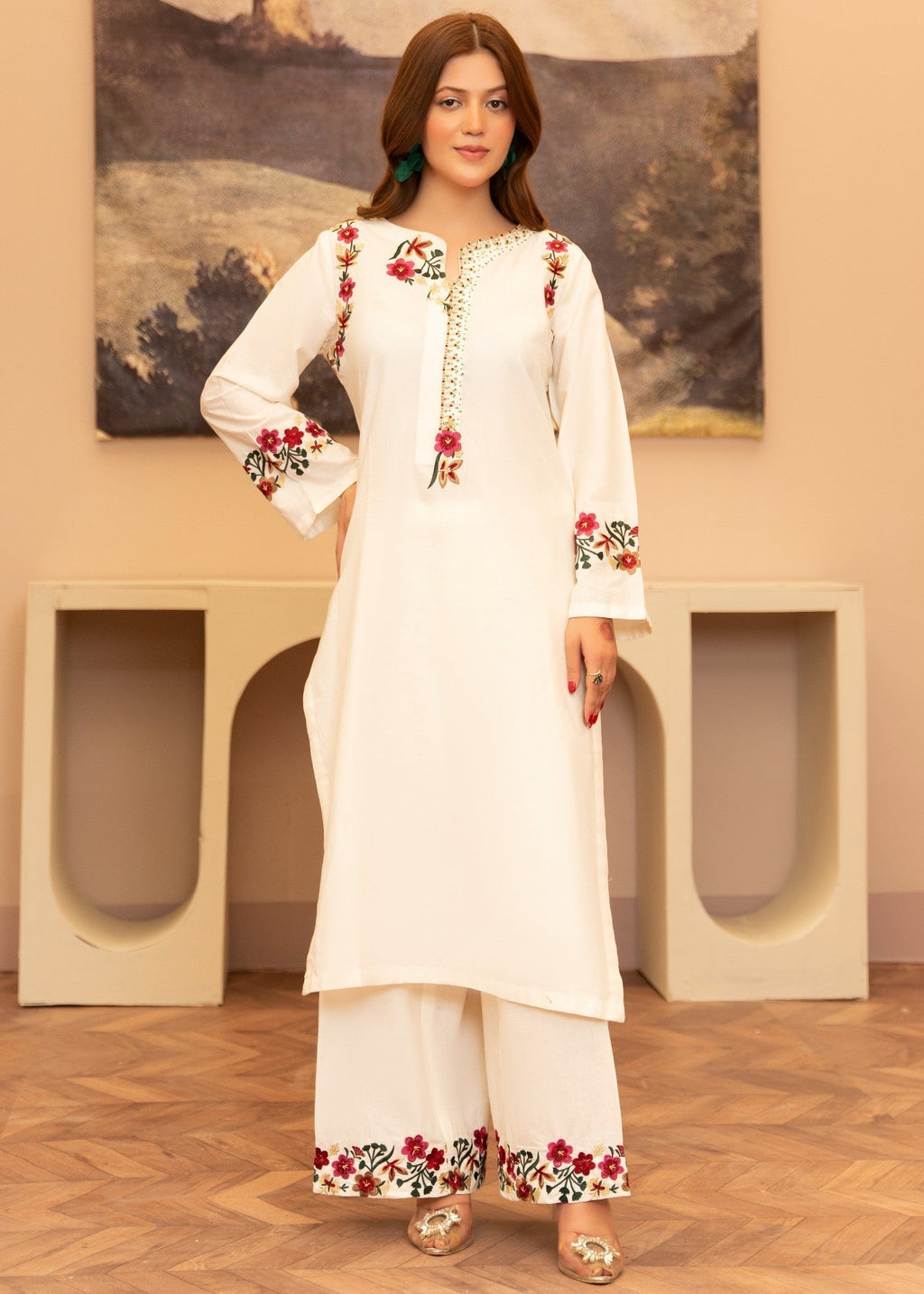 Embroidered Lawn Long Kurta 3-Piece Suit – Ivory with Manaar Dupatta, Summer Wear