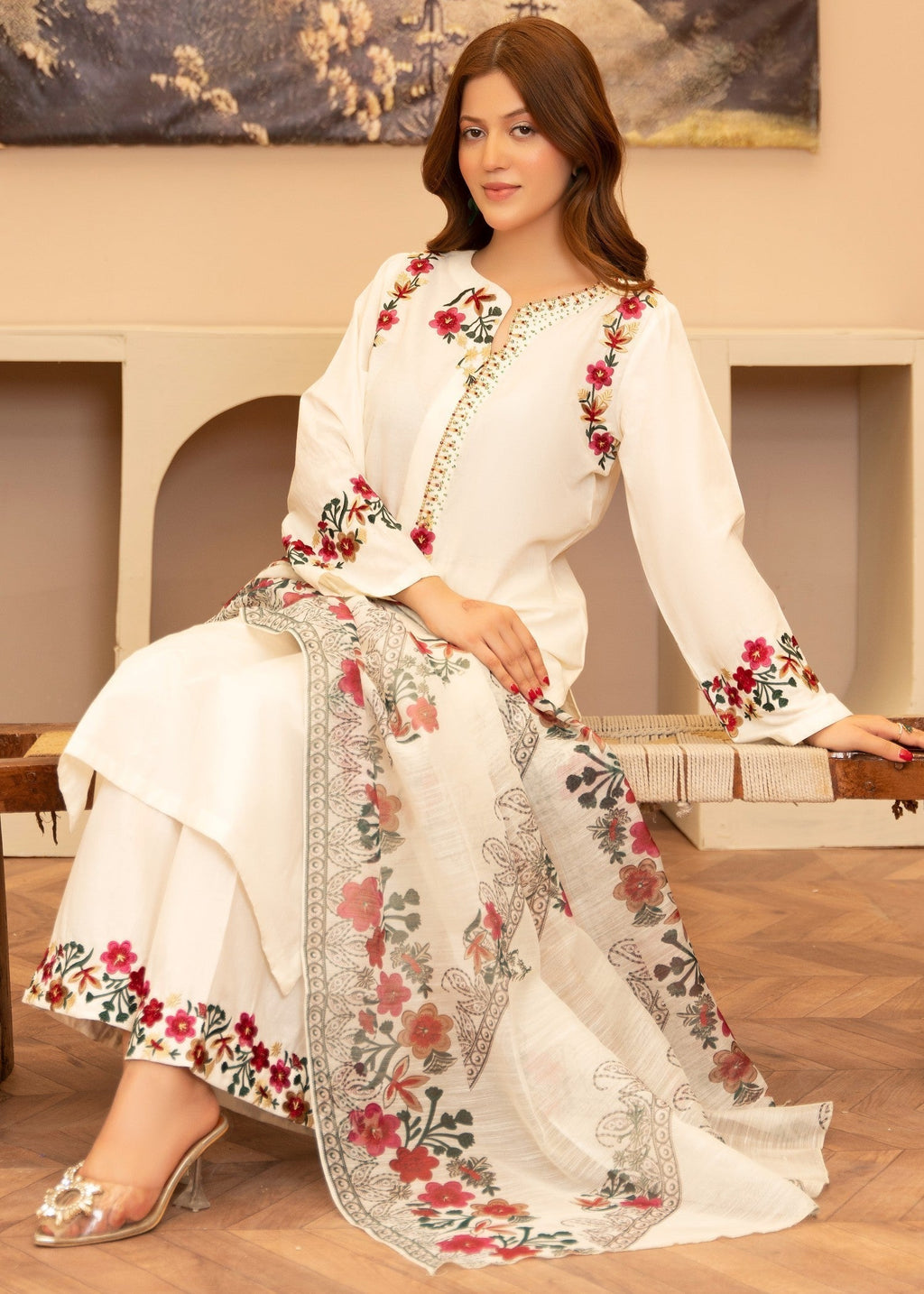 Embroidered Lawn Long Kurta 3-Piece Suit – Ivory with Manaar Dupatta, Summer Wear